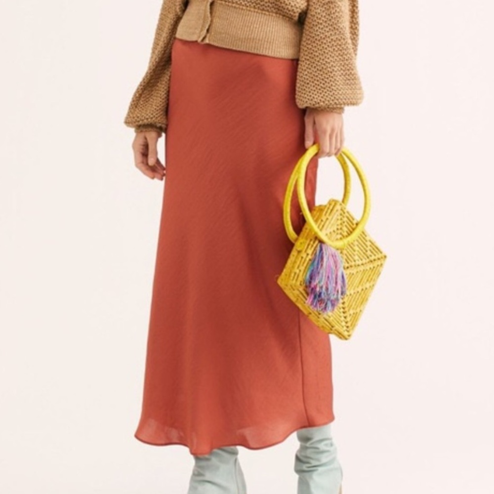 Free people midi copper rust satin zip up skirt normani size 0